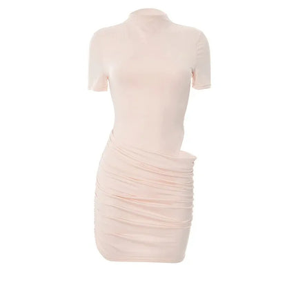 Women Hollow Out Short Sleeve Ruched Sexy Mini Dress for Women Fashion Half High Collar Skinny Club Party Dresses Female