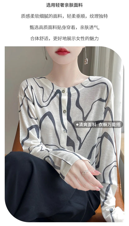 Spring And Summer New Lyocell Water-Soluble Wool Blended Round Neck Knit Cardigan Long Sleeve Feminine Sweater Printed Top