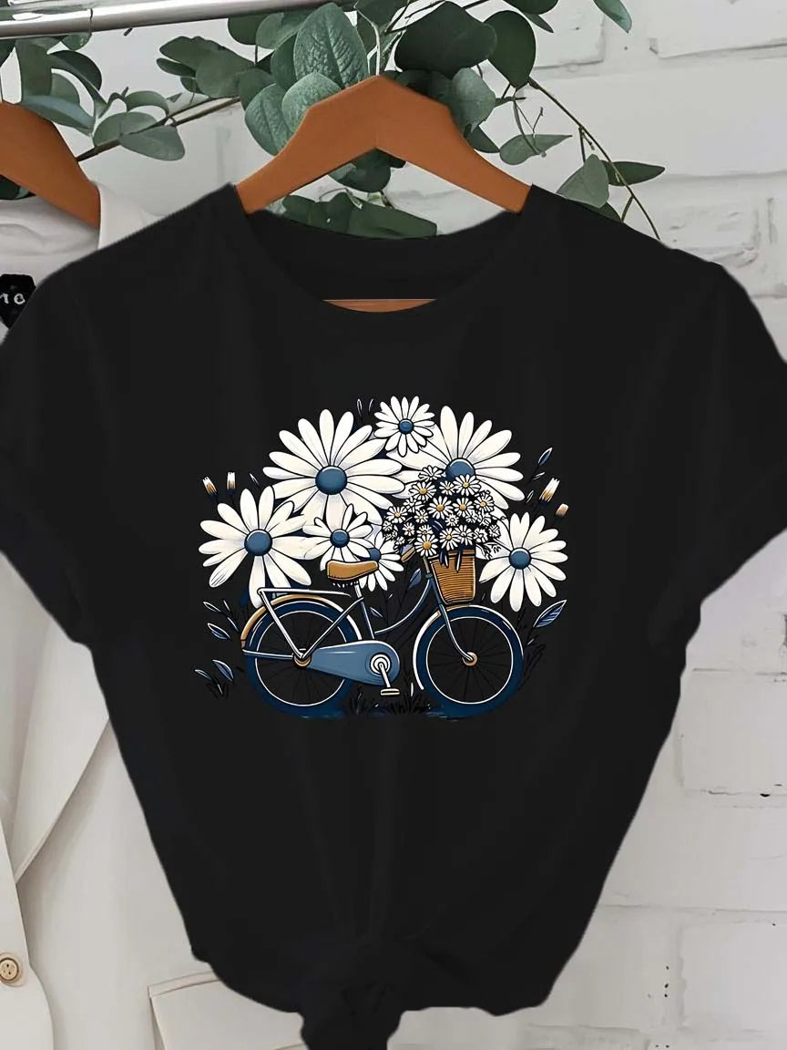Plus Size Artistic Floral Bicycle Graphic Minimalist Design Elegant Fashion Tee black