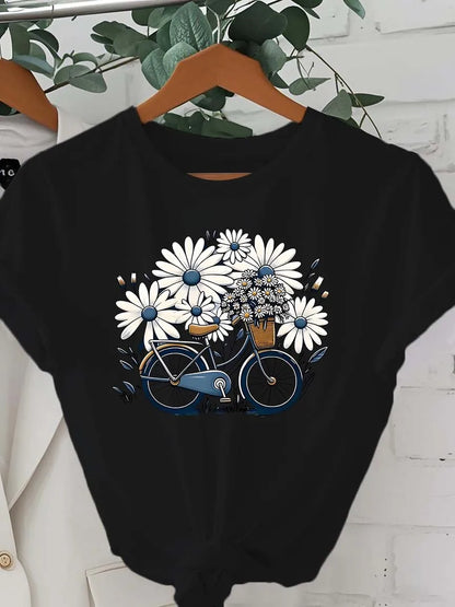 Plus Size Artistic Floral Bicycle Graphic Minimalist Design Elegant Fashion Tee black