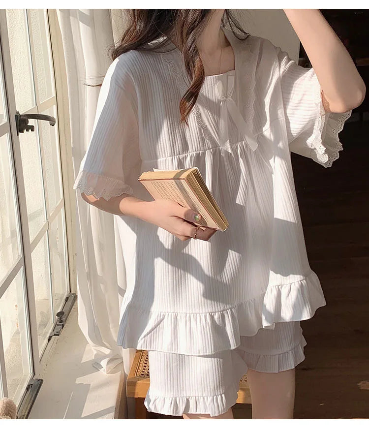Palace Style Pajamas Ladies Summer Loungewear Set Short-Sleeved with Cushion Korean Small Sweet Girlfriends Loungewear Set