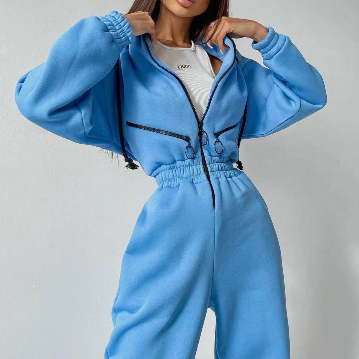 Autumn Women's Monochrome Long-Sleeved Jumpsuit Solid Color Zip-up Sportswear Female Winter Casual Tracksuit Fashionable Hoodies Badiee Stylez