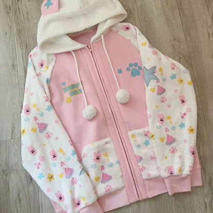 Harajuku Zip Hoodies Women Japanese Sweet Lolita Sweatshirts Kawaii Cartoon Print Y2k Hooded Overcoat Korean Fashion Clothes Top