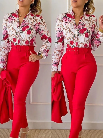 Elegant Women Printed Two Piece Suit Sets Spring Autumn V Neck Long Sleeve Shirt Top & Long Pants Set With Belt Workwear Outfits Red CHINA