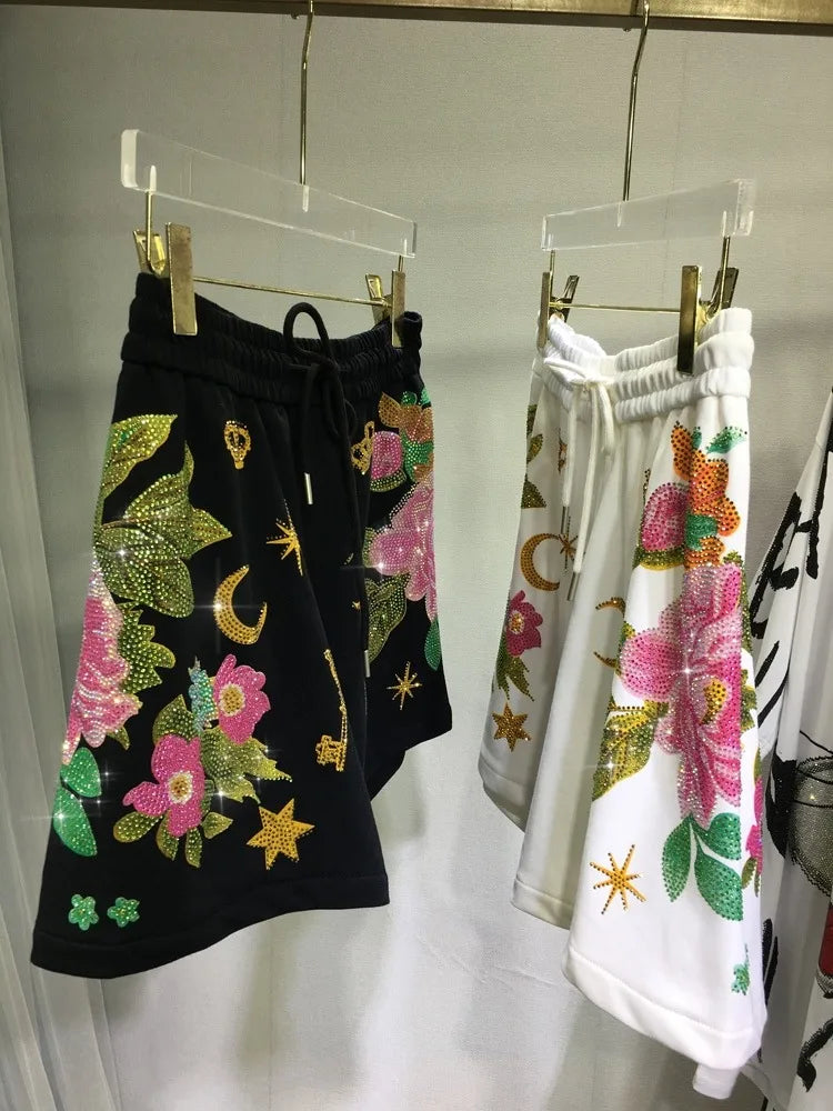 Oversized rhinestone diamond high-waisted black adjustable waist wide leg slacks Women's shorts