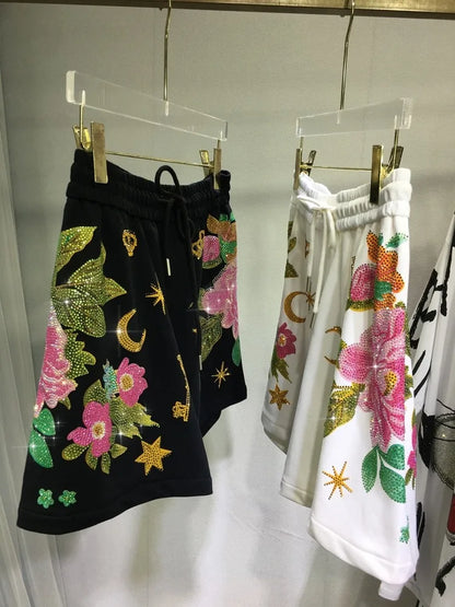 Oversized rhinestone diamond high-waisted black adjustable waist wide leg slacks Women's shorts