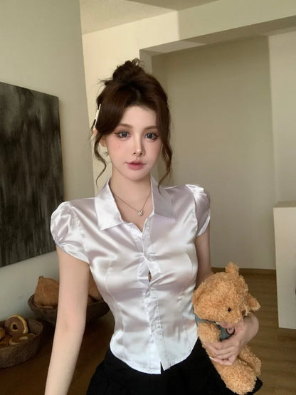 Summer Sexy Silk Shirts Women 2025 Korean Fashion Clothes Short Sleeve Button Up Ladies White Puff Sleeve Crop Tops and Blouses