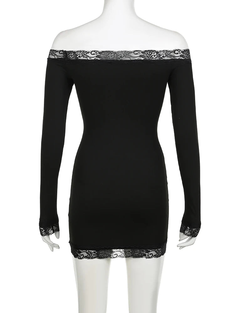 Rockmore Women's Lace Off Shoulder Bodycon Dress Elegant Long Sleeve Mini Dress for Party Club Dating Ladies Spring Fall Clothes