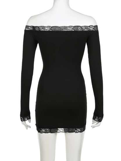Rockmore Women's Lace Off Shoulder Bodycon Dress Elegant Long Sleeve Mini Dress for Party Club Dating Ladies Spring Fall Clothes