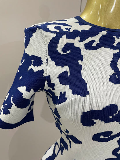 2025 New Sexy Short Sleeve Jacquard Blue Bandage Bodycon Long Dress Women Celebrity Elegant Evening Club Party Luxury Dresses