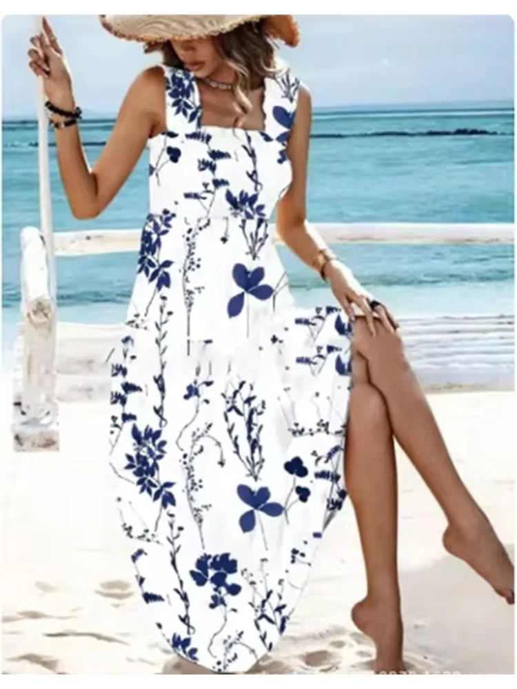 Summer Sleeveless Square Collar Printed Dress Women Suspender High Waist A Line Dresses Beach Vacation Robe