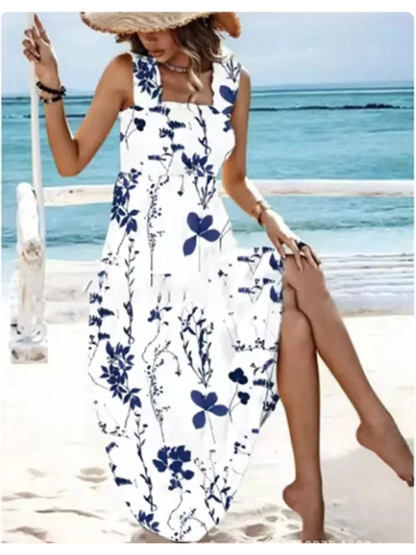 Summer Sleeveless Square Collar Printed Dress Women Suspender High Waist A Line Dresses Beach Vacation Robe
