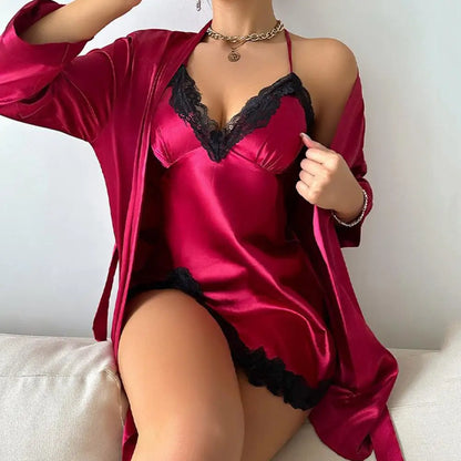 Sexy Women's Satin Silky Pajama Sets Lace Nightgown with Robe Set Cami Mini Nightdress 2 Piece Suit Chemise Sleepwear