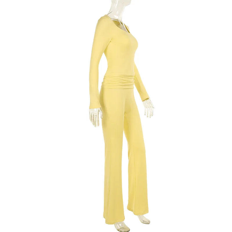 Fashion Soild Women's Set Long Sleeve Yellow U Neck Shirt and Flared Pants 2024 Elegant Tracksuits Two 2 Piece Set Outfits