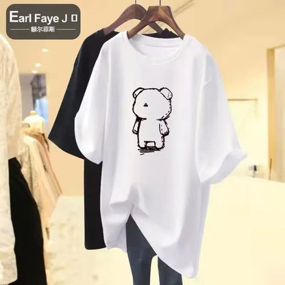 Cartoon Bear Cotton Print Summer Fashion Women's T-shirt Kawaii Casual Plus Size Short Sleeve Loose Street Sport T-shirt Top CM072001-JCS