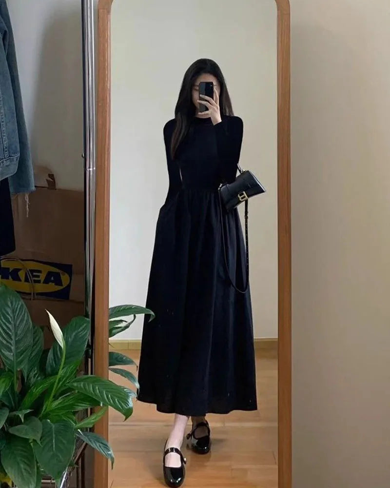 Lucyever French Style Black A-Line Dresses Women Elegant High Waist Long Sleeve Midi Dress Autumn Winter Slim Fit Maxi Dress Badiee Stylez