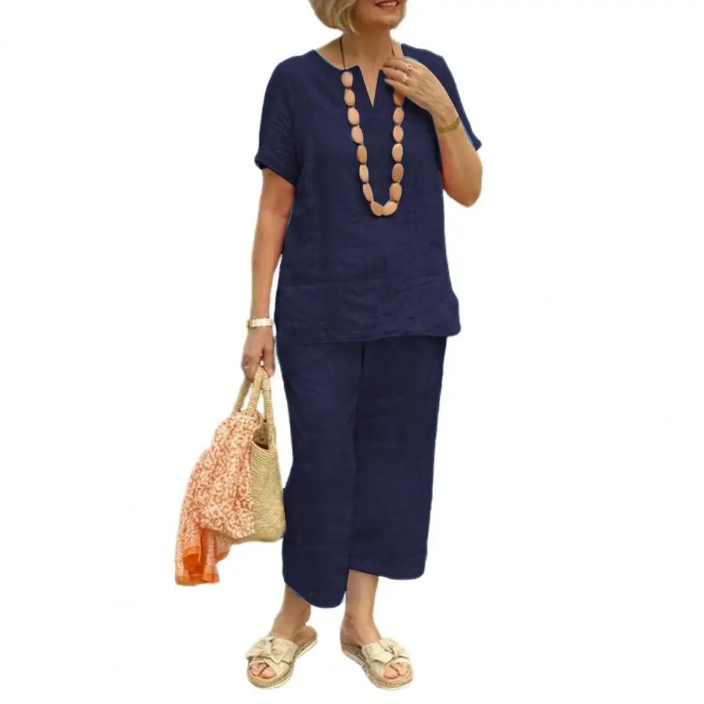 2Pcs Women Blouse Pants Set Solid Color Short Sleeve Loose Top Wide Leg Straight Pants Sets Casual Matching Tracksuit Outfit Dark Blue