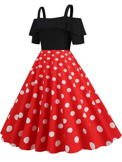 Off the Shoulder Elegant Vintage Party Dress Women Summer Polka Dot Ruffles A Line Midi Dresses