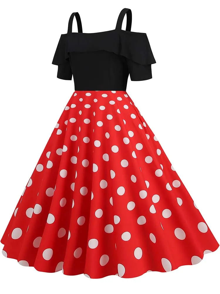 Off the Shoulder Elegant Vintage Party Dress Women Summer Polka Dot Ruffles A Line Midi Dresses Badiee Stylez