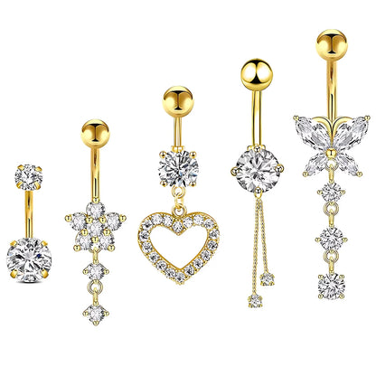 14G Gold Color Series Butterfly Dangled Belly Piercing Sets 5PCS/Lot Heart Flower Curved Navel Navel Ring Belly Button Rings 5pcs gold