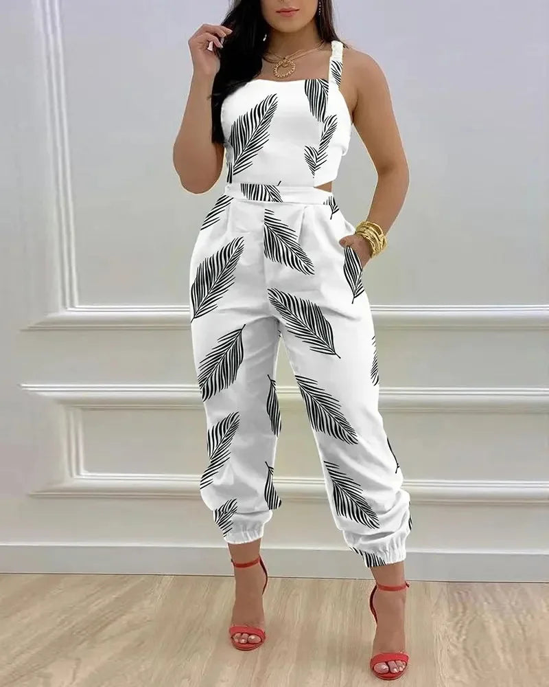 New Summer Fashion Printed Sleeveless Jumpsuit Sexy Hollow Backless Lace Up Long Jumpsuits Elegant Casual Jumpsuit With Pocket Badiee Stylez