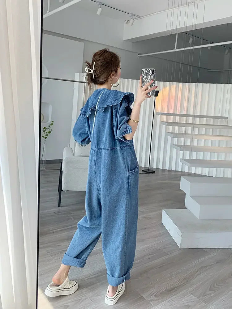 Jumpsuits Women 2022 New Fashion Autumn Spring Jeans Doll Collar Solid  Full Length High Waist Loose Jump Suits for Women Badiee Stylez