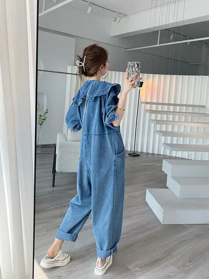 Jumpsuits Women 2022 New Fashion Autumn Spring Jeans Doll Collar Solid  Full Length High Waist Loose Jump Suits for Women Badiee Stylez