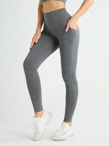 New High Waist Women's Leggings Stretch Yoga Pants Tights With Pockets Push Up Fitness Running Sportswear Solid Color Pants Grey