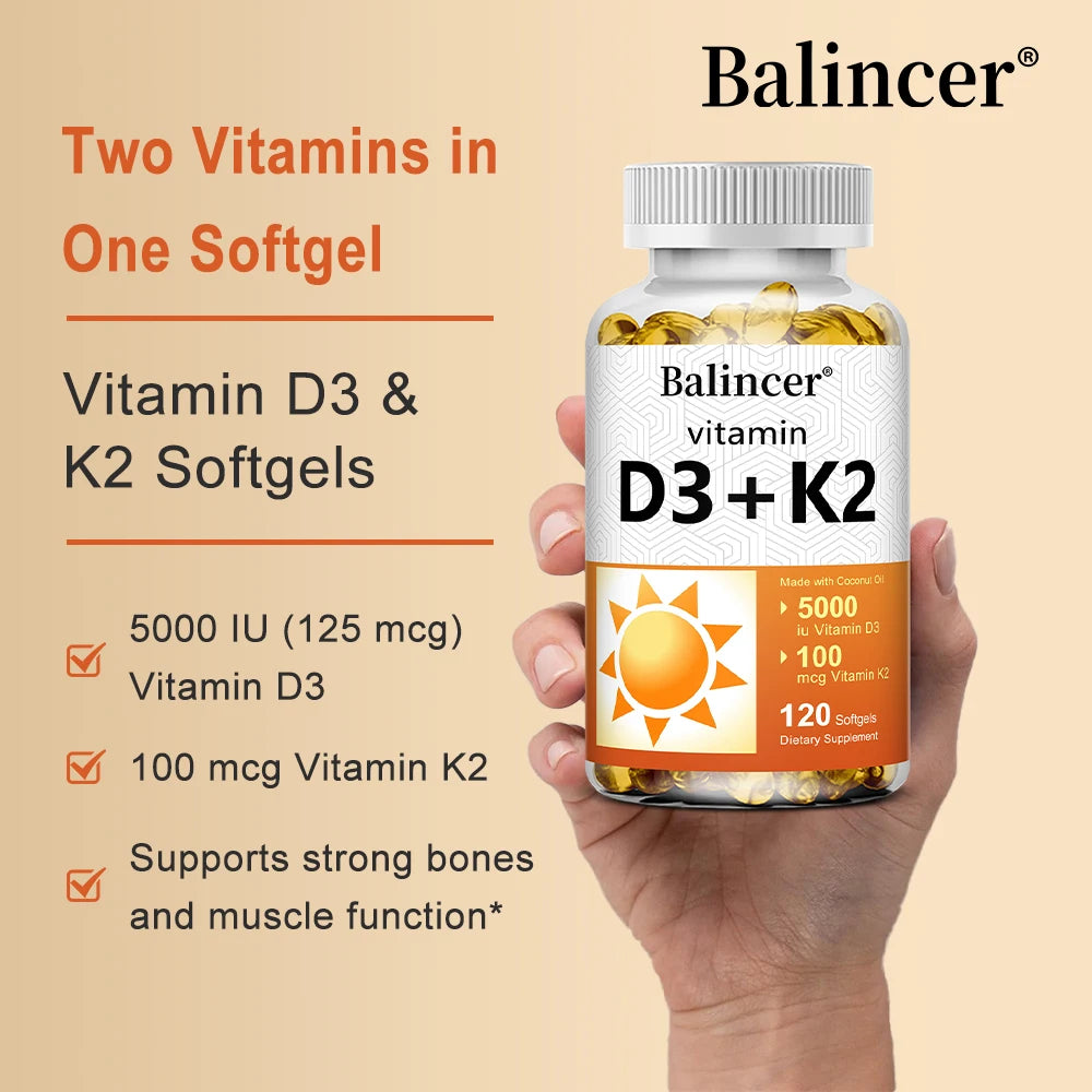 Vitamin D3 + K2 with Organic Virgin Coconut Oil, Vegan D3 (5000iu) with MK7 Vitamin K2 (100mcg), Supports Bone Health Supplement