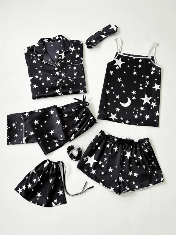 Luxurious women's starry sky print, leopard print satin pajama set, including pocket collar top, pants, shorts, adjustable shoul black