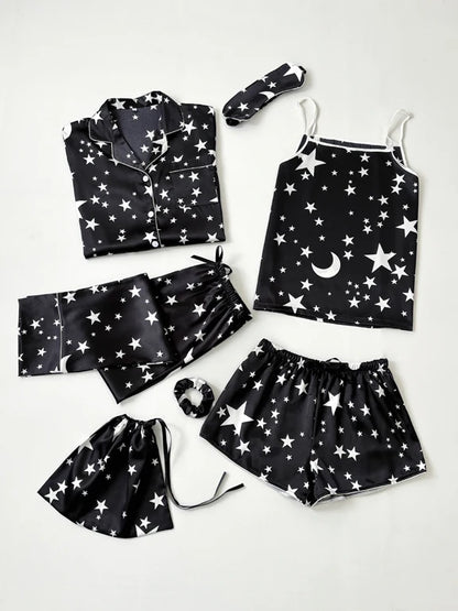 Luxurious women's starry sky print, leopard print satin pajama set, including pocket collar top, pants, shorts, adjustable shoul black