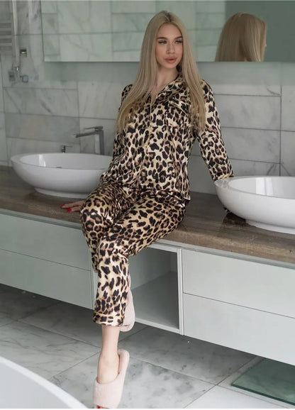 Leopard Print Long Sleeve Pajmaas Set Spring New Silk Satin Sleepwear Home Clothes Loose Casual Home Clothes Trouser Suits