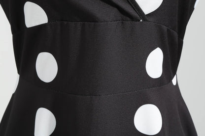 Summer V-neck sleeveless polka dot lace-up waist tucked vintage swing dress