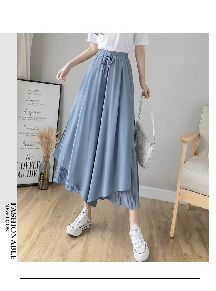 Women Pants Culottes Elastic Wide Leg Irregular Hem Double Layers Korean Trousers Summer Casual Loose Pleated Pants