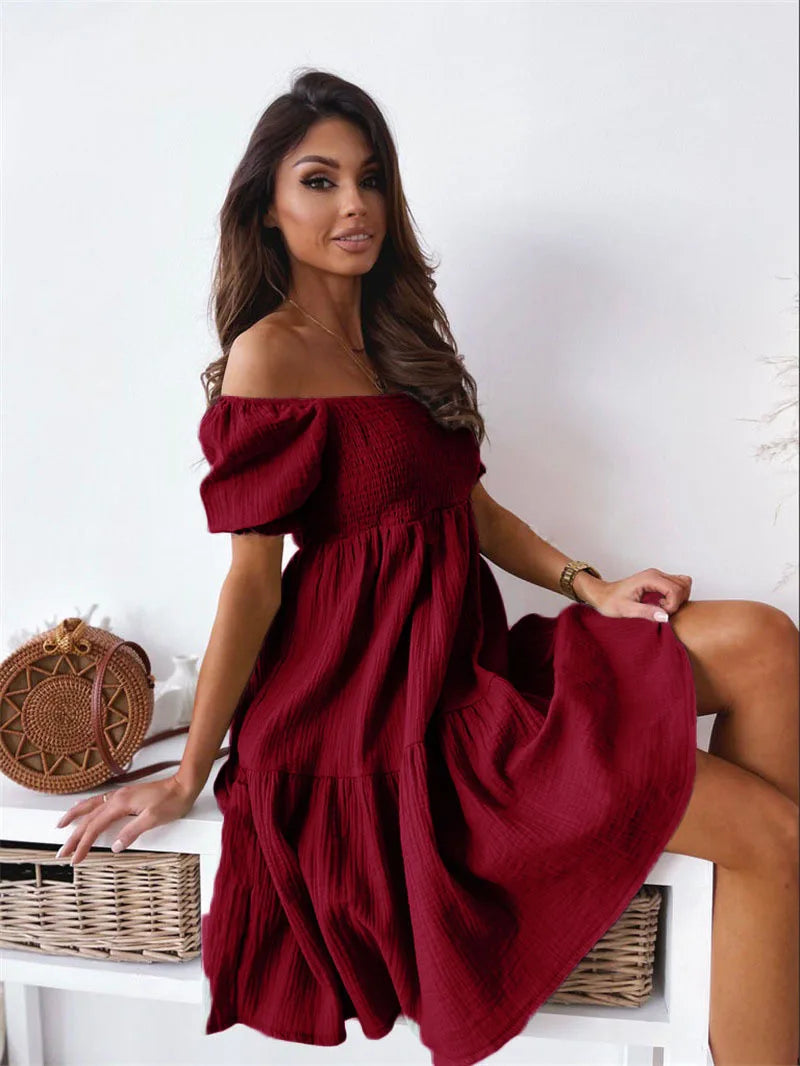 New Short Sleeve Off The Shoulder High Waist A-Line Pleated Dress Sexy Club Outfits Solid Color Summer Dress Women 2025 5