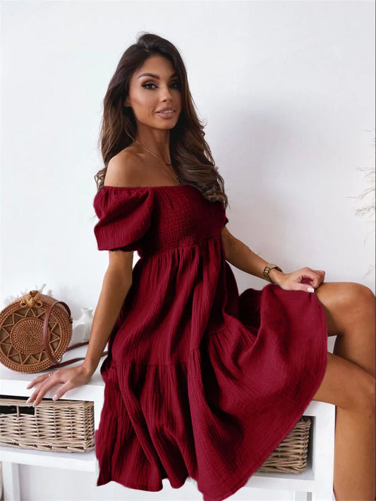 New Short Sleeve Off The Shoulder High Waist A-Line Pleated Dress Sexy Club Outfits Solid Color Summer Dress Women 2025 5