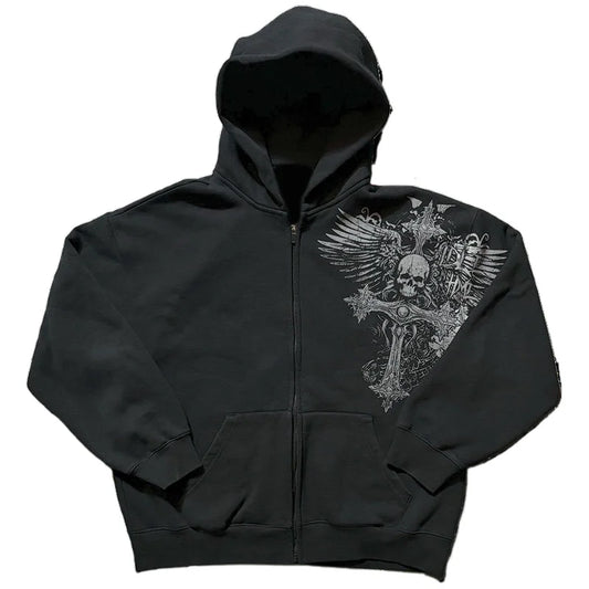 Fashion Trend New Hip Hop Oversized Skull Print Sports Zipper Top Y2K Vintage Street Dark Wind Print Sweater Coat Men And Women