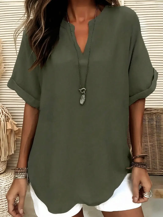 Plus Size 1XL-5XL Women's Fashion Solid Color Notched Top Ladies Casual Short Sleeve Summer V-Neck Blouse Shirt Tops Army green