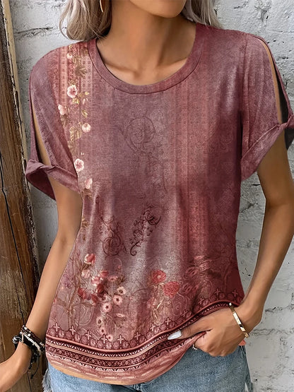 Plus Size 2024 Summer New Women's Printed Pattern Round Neck T-Shirt Short Sleeve Pullover Best for Summer Red