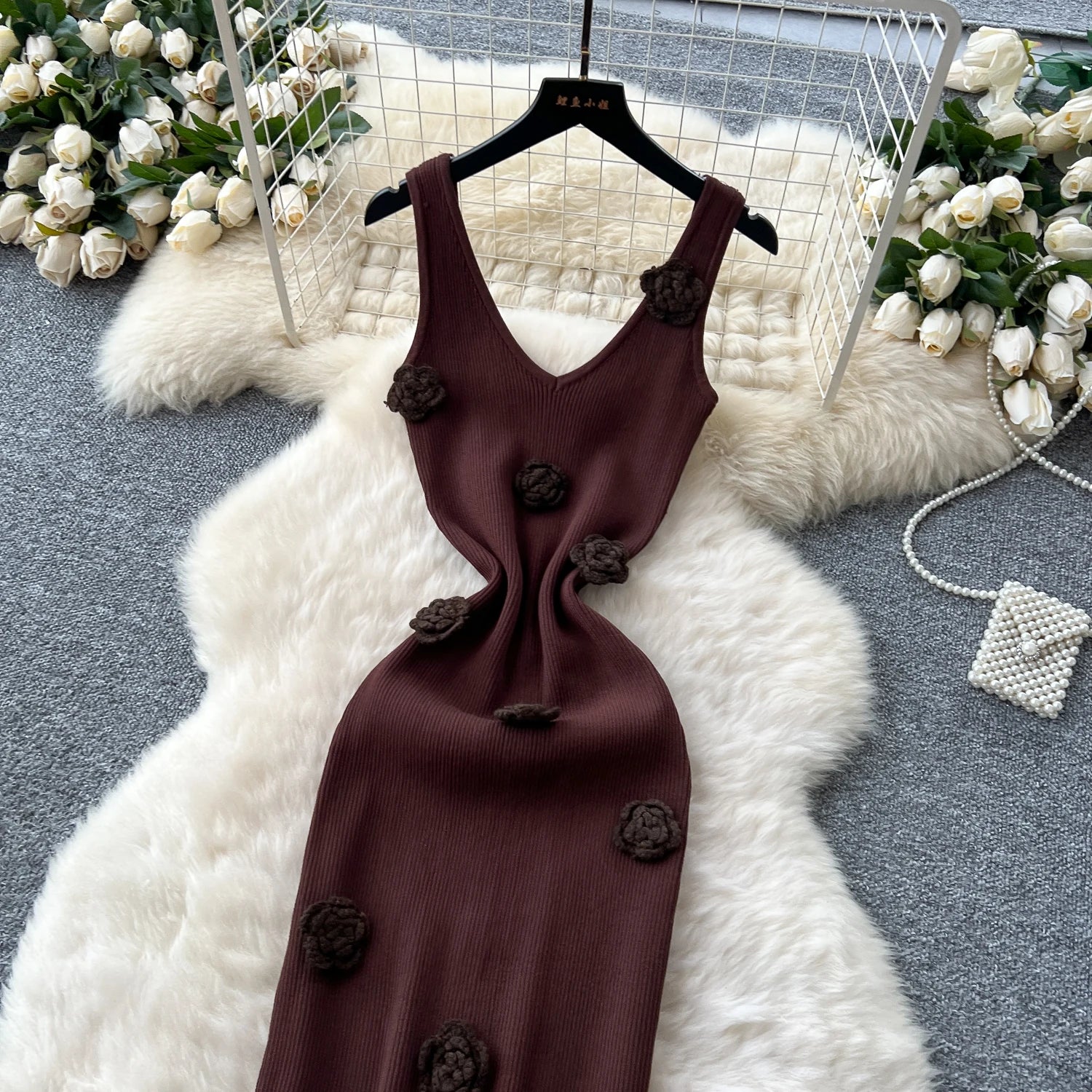 SINGREINY Knitted 3D Flower Chic Dress Sleeveless Slim Solid Elastic Sundress Women Summer Casual Fashion Bodycon Long Dresses