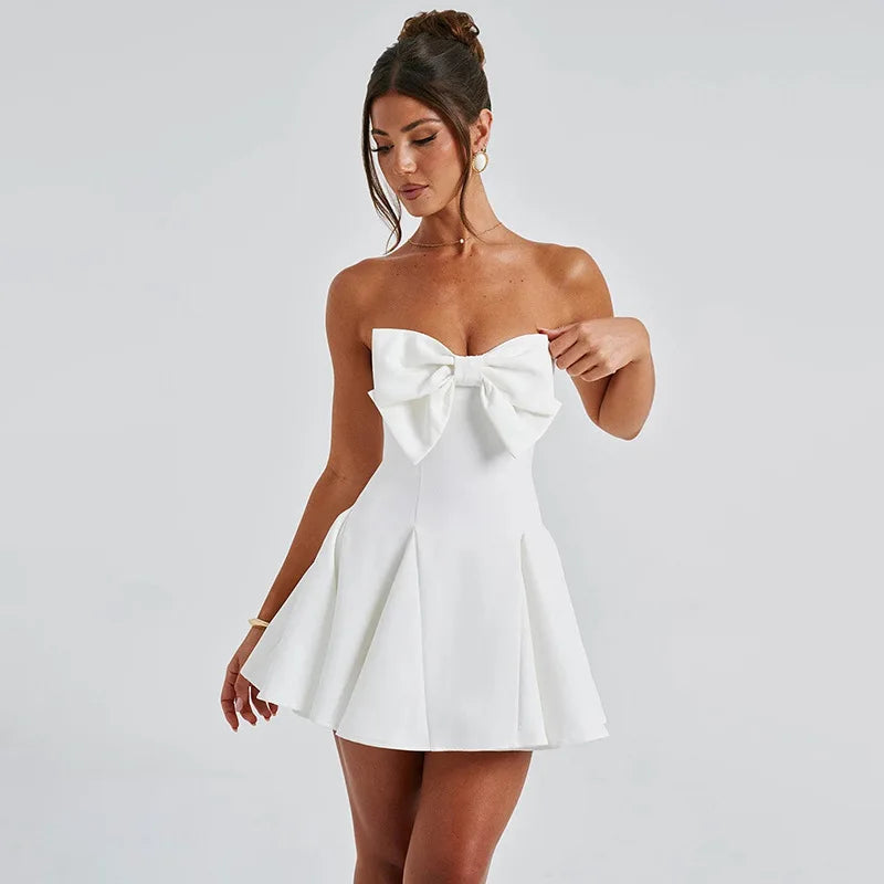 Sexy Strapless Bow Short White Dress Womens Off Shoulder A-line Luxury Black Mini Dresses Elegant Backless Gowns Birthday 2025