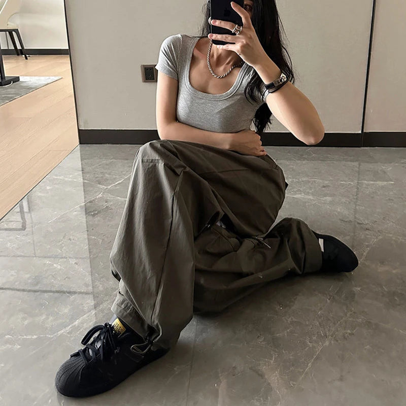 Rimocy Lace Up Y2K Parachute Pants Women Hip Hop Streetwear Oversized Cargo Pants Woman Harajuku Wide Leg Baggy Sweatpants Mujer Badiee Stylez