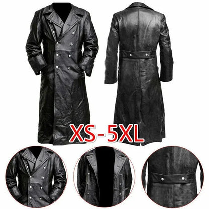 MEN'S GERMAN CLASSIC WW2 MILITARY UNIFORM OFFICER BLACK LEATHER TRENCH COAT - Badiee Stylez