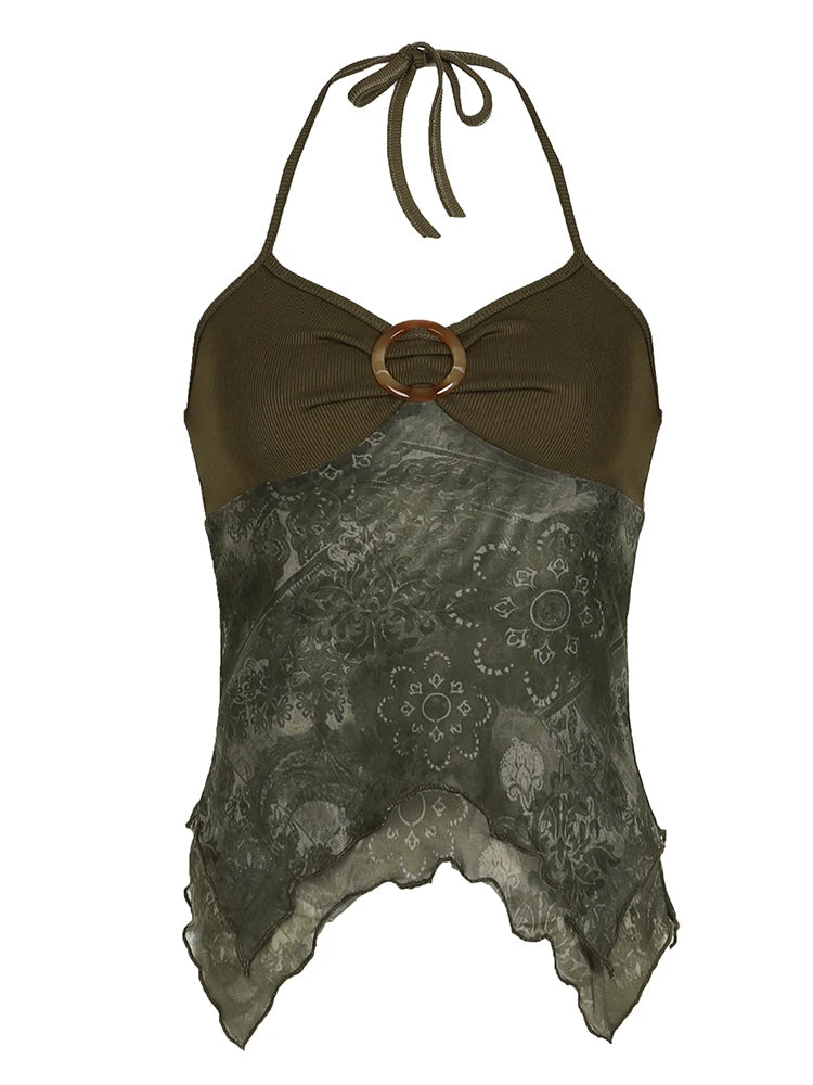 Rockmore Boho Vintage Print Mesh Patchwork Crop Top Women V Neck Camis Y2K Streetwear Female Coquette Aesthetic Clothes 2024