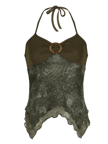 Rockmore Boho Vintage Print Mesh Patchwork Crop Top Women V Neck Camis Y2K Streetwear Female Coquette Aesthetic Clothes 2024