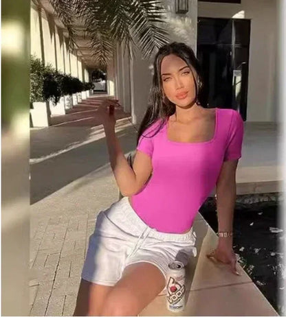 Summer Sexy Short Sleeve Ribbed Square Neck Thong Bodysuits One Piece Square Bodysuits Tummy Control Body Shapers Belly Rose Red