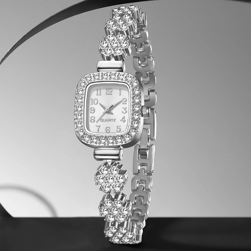 2PCS Silver Women's Watch Set Fashionable Luxury Trendy Digital Scale Rectangular Dial Quartz Watch Bracelet Set Perfect Gift