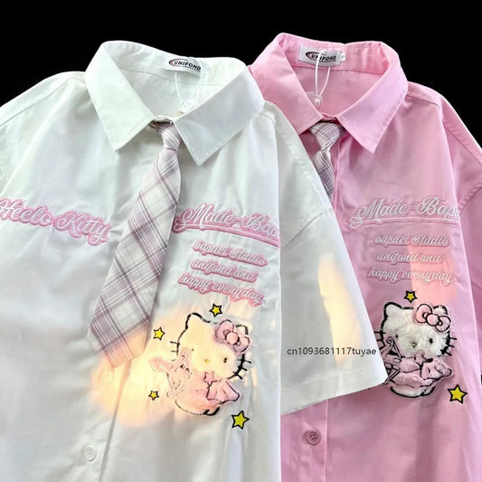Hello Kitty Cute Short Sleeve Polo Shirts Women Sanrio Designer College Style Summer Blouse Korean Clothes Y2k New Fashion Tops