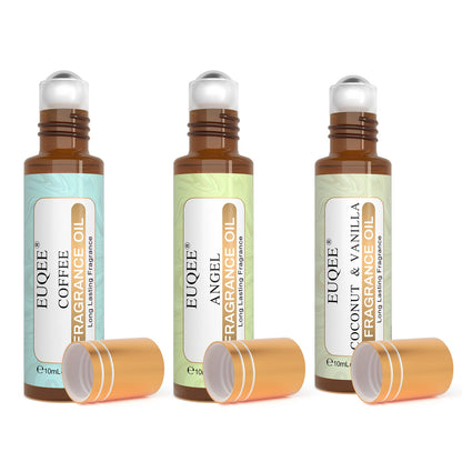 EUQEE 3PCS Fragrance Oils Roll-On Long Lasting Scent Coconut & Vanilla White Musk Baby Powder Fresh Linen Oud Wood Amber Romance