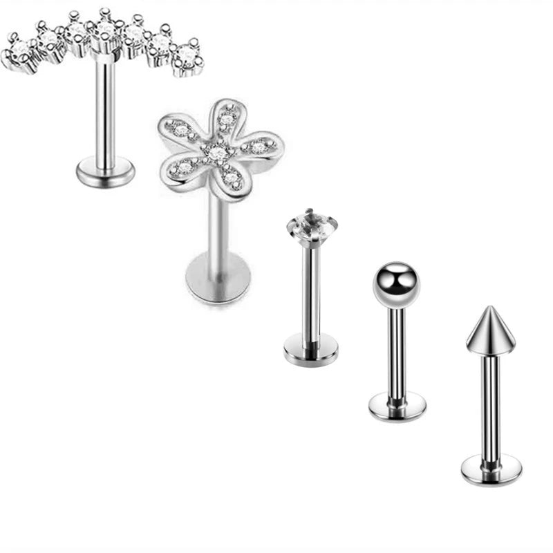 5PCS Flower Tragus Piercing Set Flat Back Cz Cartilage Stud Earring Helix Jewelry Conch Rook Stud Lot Labret Lip Piercing Bulk 5PCS Set25